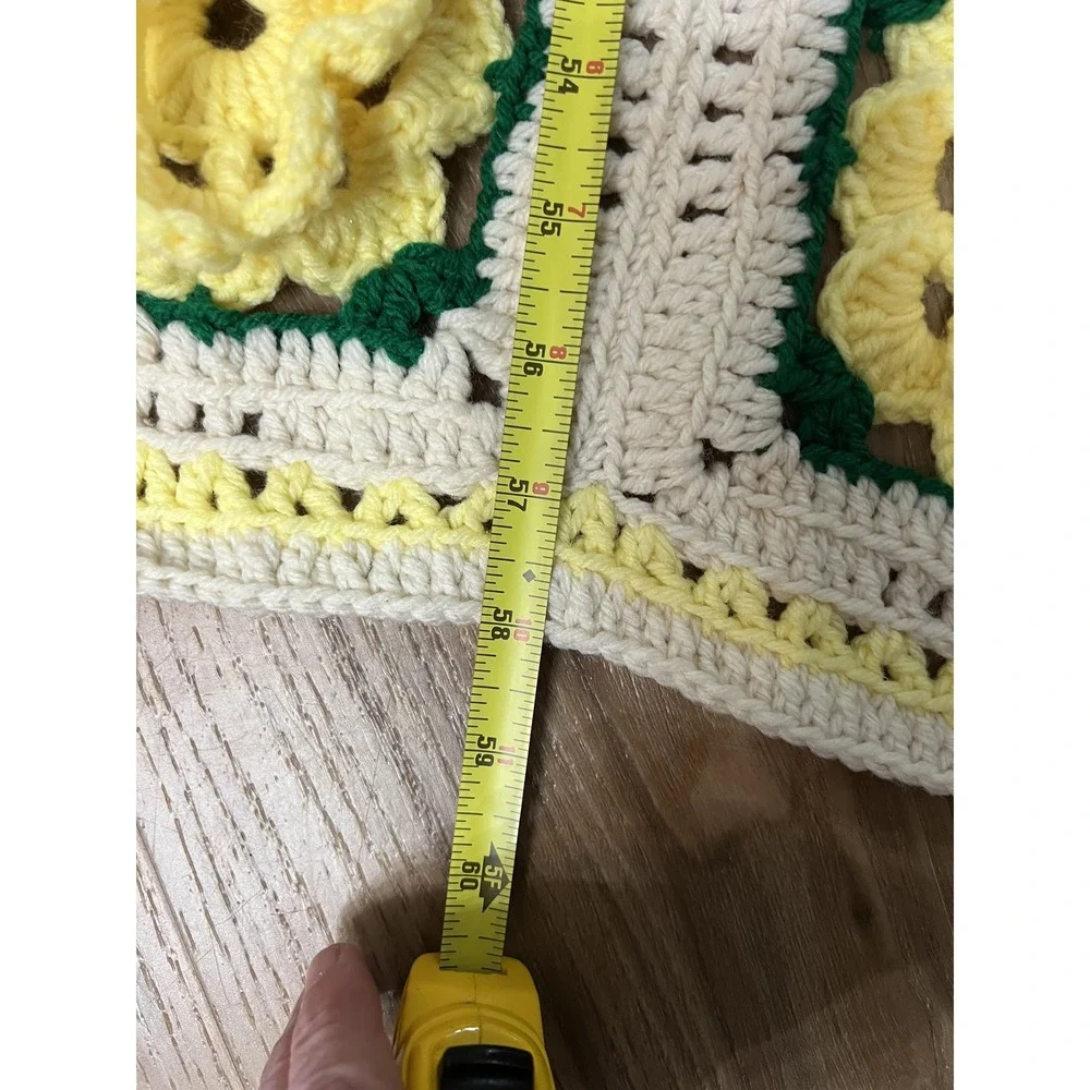 Vintage Handmade Crochet Floral Granny Square Afghan Throw Blanket Yellow Cream
